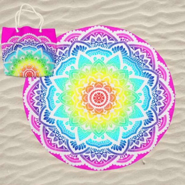 Toalha de Praia Microfibra Redonda Mandala Multicolorida Estrela 180 cm + Saco de Praia