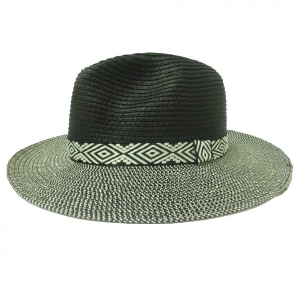 Black Unisex Thin Straw Hat with Ribbon with Rhombuses