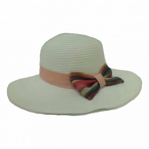 Sombrero de Ala Ancha para Mujer con Cinta Lisa y Lazo de Rayas Blanco