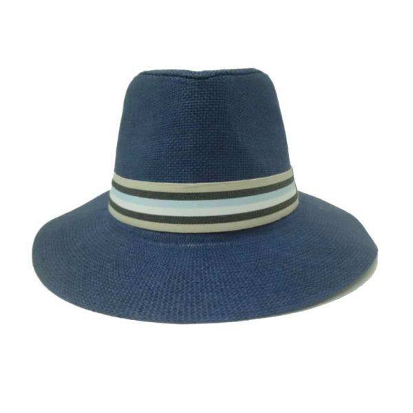 Blue Man Hat Flat Brim with Striped Ribbon