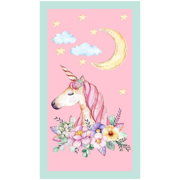 Pink Unicorn with Flowers at Moonlight Microfiber Beach Towel