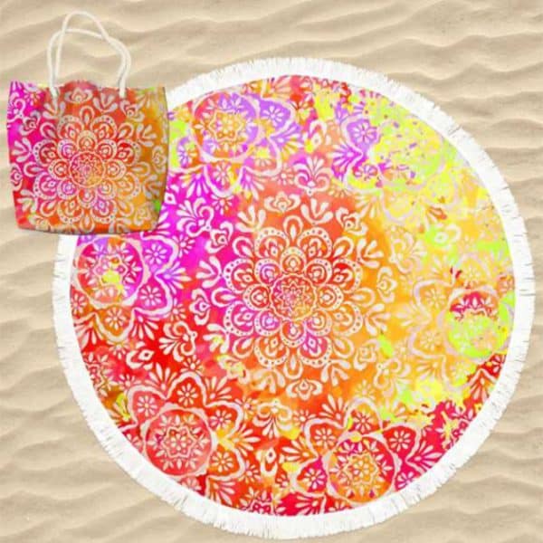 Toalha de Praia Microfibra Redonda Mandalas Flores Multicolorida com Saco