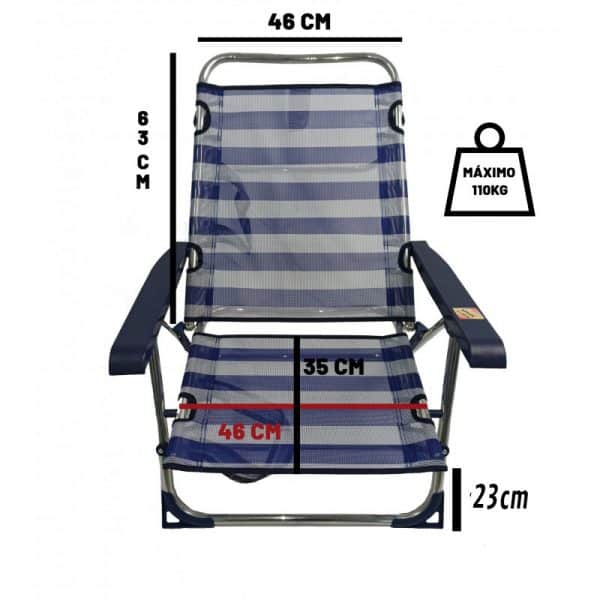 Cadeira de Praia de Alumínio Reclinável até Deitar com Alças Alco Riscas (Azul e Branco)