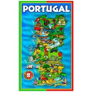 Toalha de Praia Microfibra Mapa Portugal Colorida Figuras Típicas Regionais