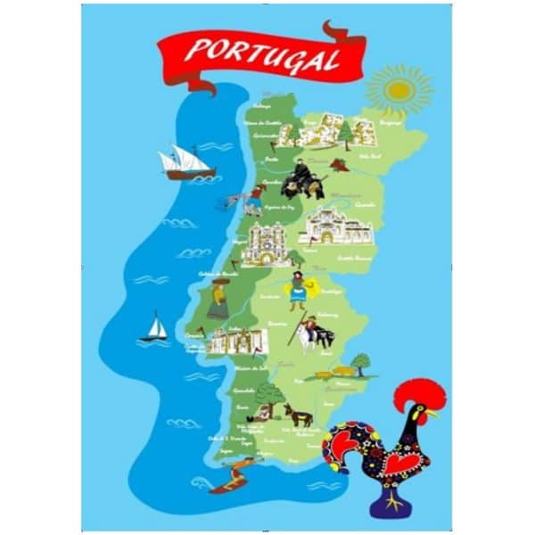 Toalha de Praia Microfibra Mapa Portugal Figuras Típicas Regionais