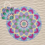 Toalha de Praia Microfibra Redonda Mandala Lótus Multicolorida com Saco