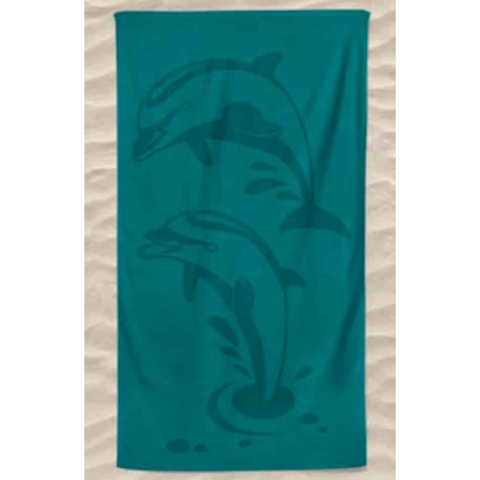 Turquoise Two Dolphins Embossed Microfiber Beach Towel