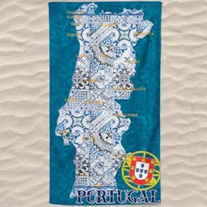 Toalha de Praia Microfibra Mapa de Portugal Azulejos Azul Escudo