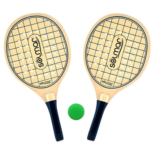 Conjunto Raquetes Praia Furos Madeira Grelha com Bola Solmar